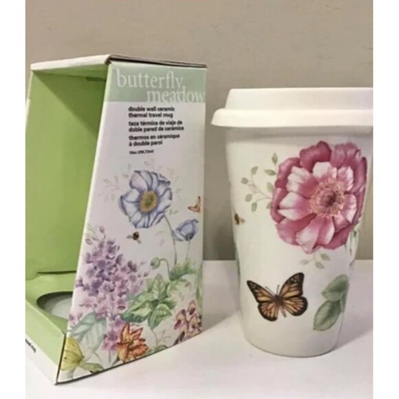 NWT Butterfly Meadow Travel Tumbler double wallby Lenox with lid dishwasher safe